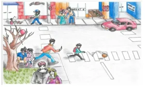 describe a scene on a busy street